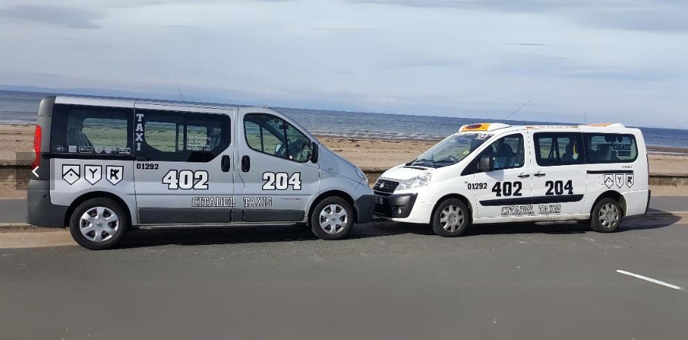 An image of two taxis parked along a beach promenade.