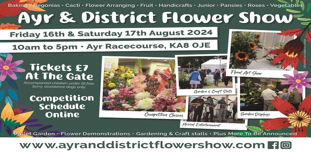 A picture of a flower themed flyer with the heading Ayr & District Flower Show.