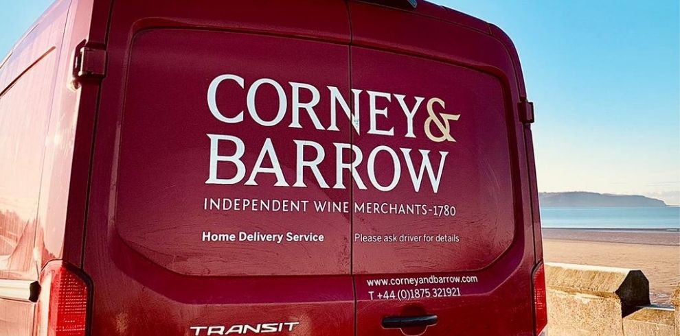 Corney and Barrow red delivery van