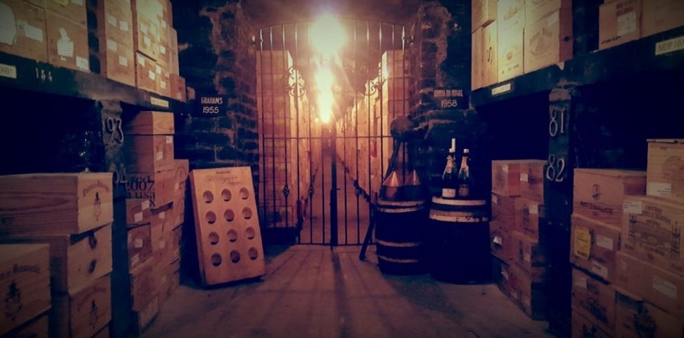 Old cellar with wine bottles