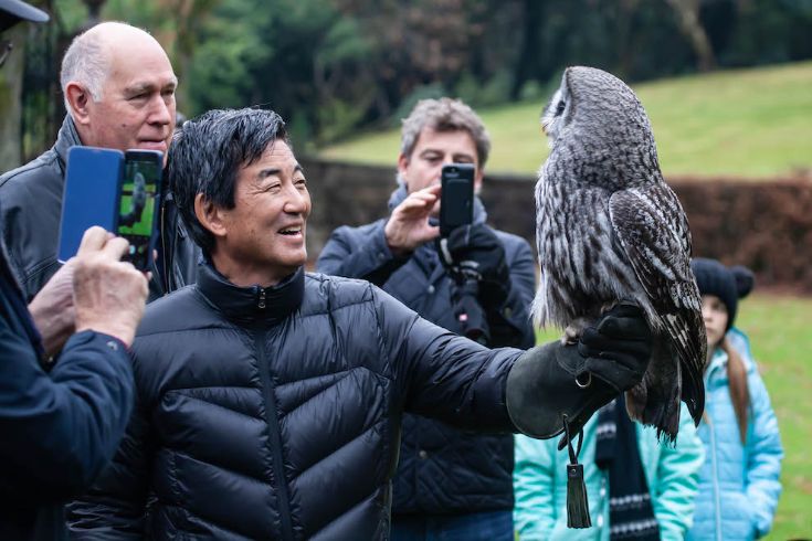 a person holding an owl with on lookers taking pictures