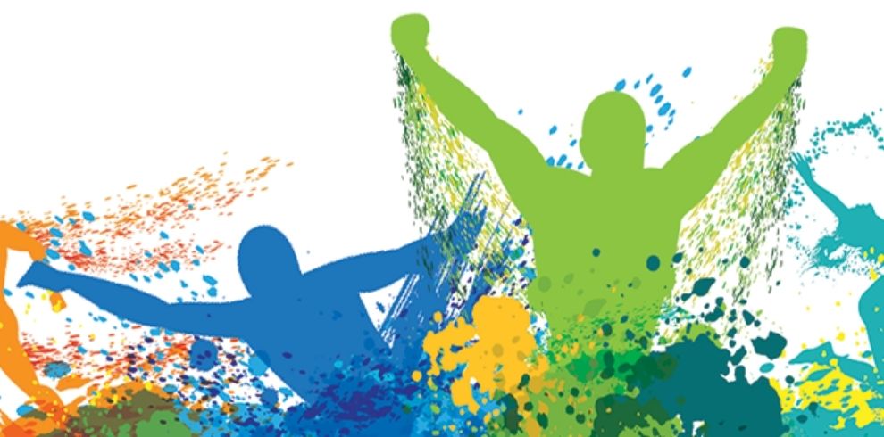 Colourful graphics of people jumping