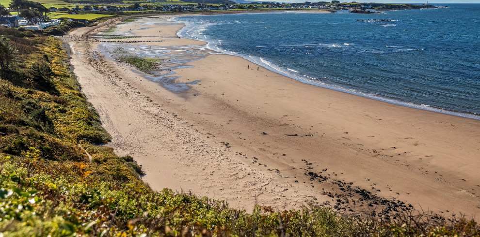 Sandy beach and blue sea.