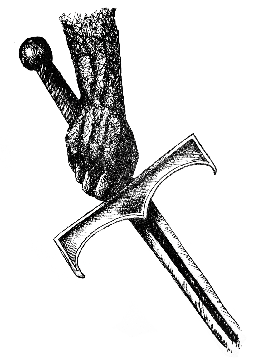 Hand drawn hand holding a sword.