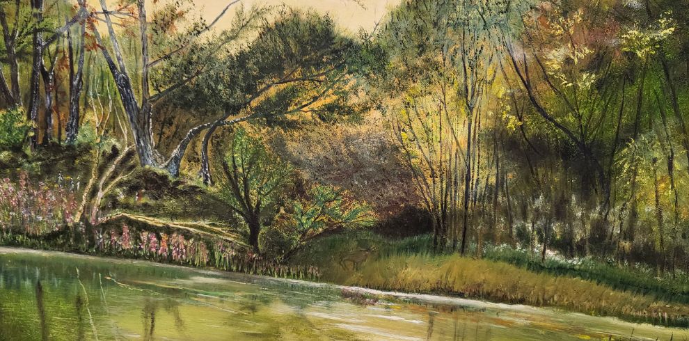Painting of a river and lush green woodland on the banks.