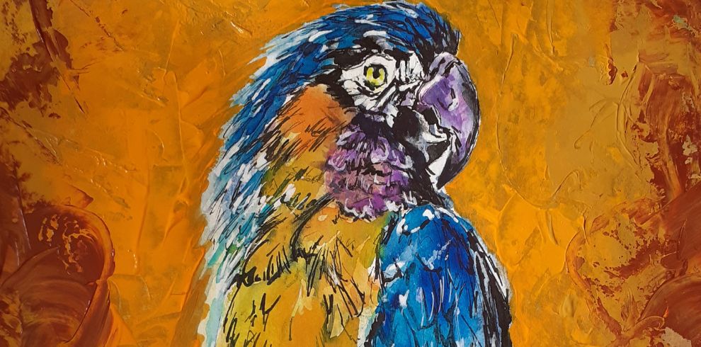 Brightly coloured blue and orange parrot painting.