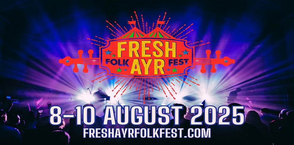 Poster for the Fresh Ayr Folk Fest 2025, featuring a colorful logo with guitars and a circus tent motif in the center. The event dates '8-10 August 2025' are displayed prominently below, along with the website 'freshayrfolkfest.com'. The background shows a vibrant live music scene with purple and blue lights and silhouettes of a crowd.