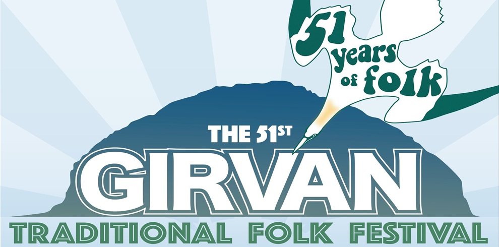 Logo for the 51st Girvan Traditional Folk Festival. It shows a stylized hill with rays of light behind it and large text reading ‘The 51st Girvan Traditional Folk Festival.’ At the top right, a white bird carries a banner that says ‘51 years of folk.’ The overall colour scheme is green, white, and light blue.