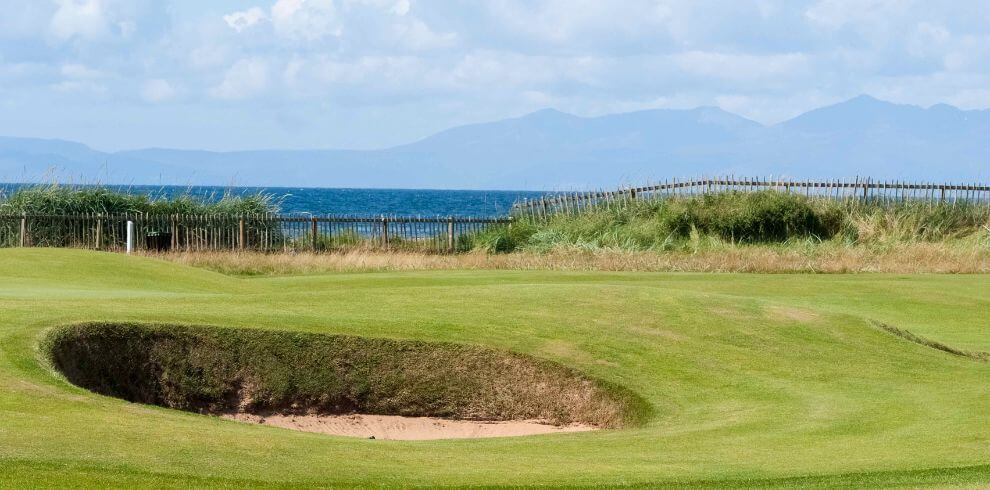 Bunker on a golf course. with view of the sea and the hills of the Isle of Arran.