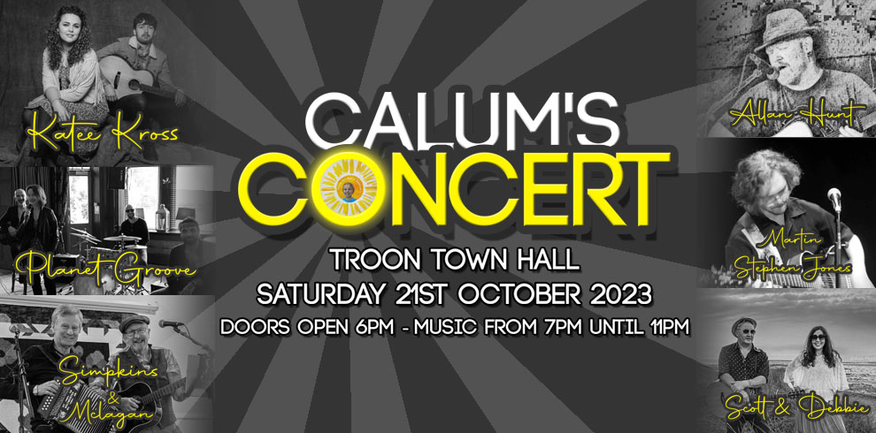 Image shows black and white photos of three groups performing at Callum's Concert. Callum's Concert is show as the title in white and yellow text.