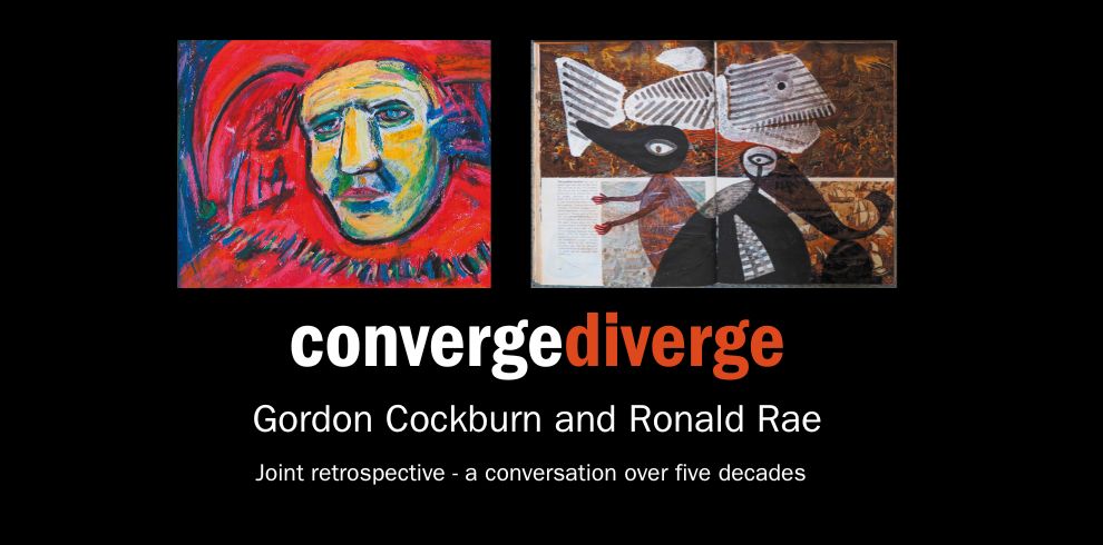 Two pieces of artwork side by side. converge:diverge Gordon Cockburn and Ronald Rae. Joint retrospective - a conversation over five decades