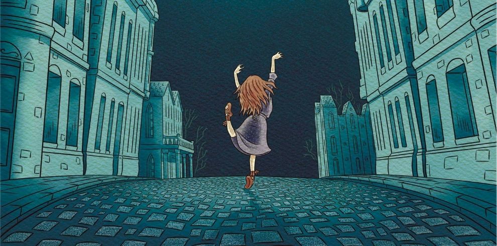 Graphic illustration of young girl with red hair dancing in the street at night.