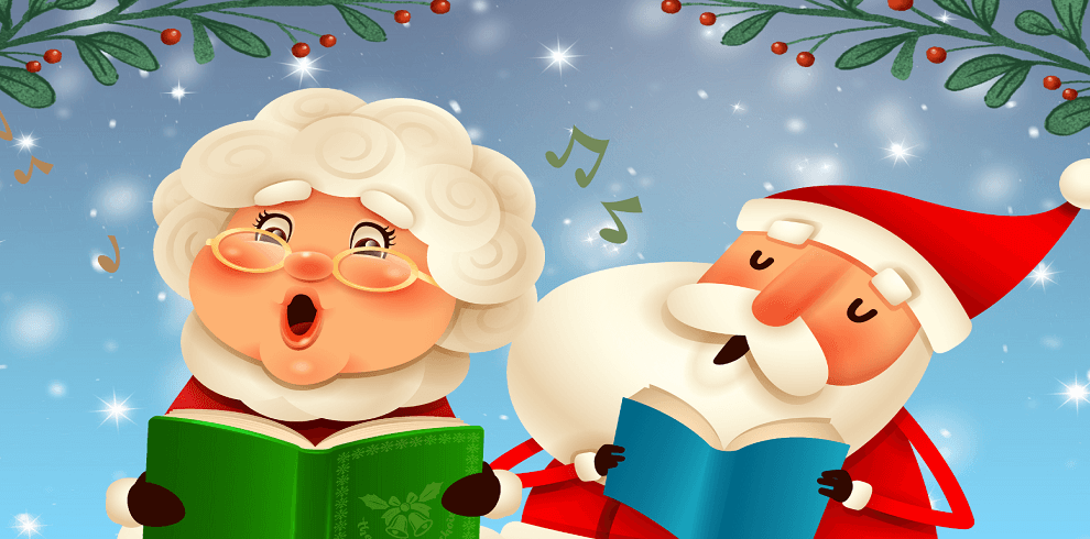 A picture of Santa and Mrs Claus sining carols.