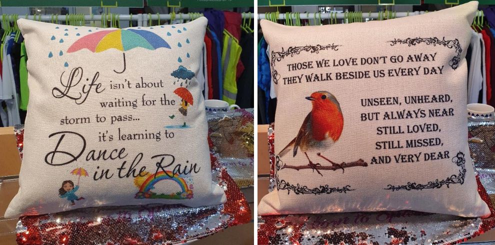 Cushions printed with custom messages.