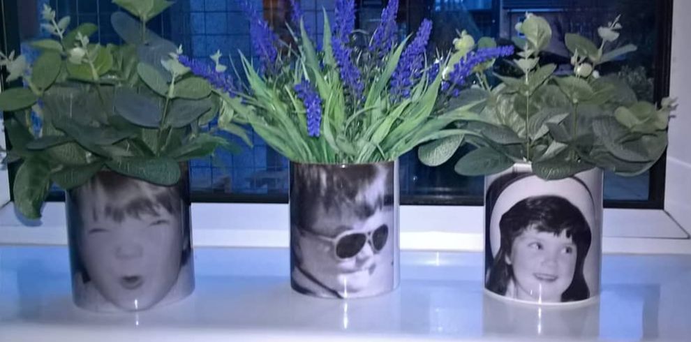 Photos printed on plant pots.