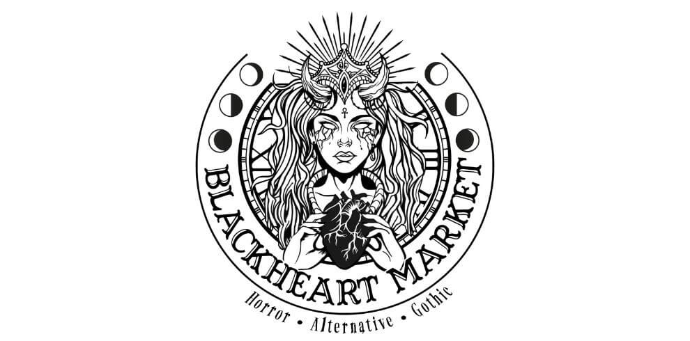 The Blackheart Logo featuring what looks like Freya The Goddess of Love with the text Horros, Alterantive and Gothic.
