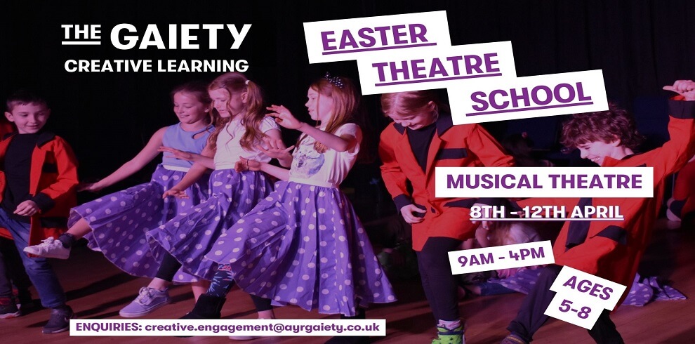 A picture of your people performing on the stage with the title Easter Theatre School.