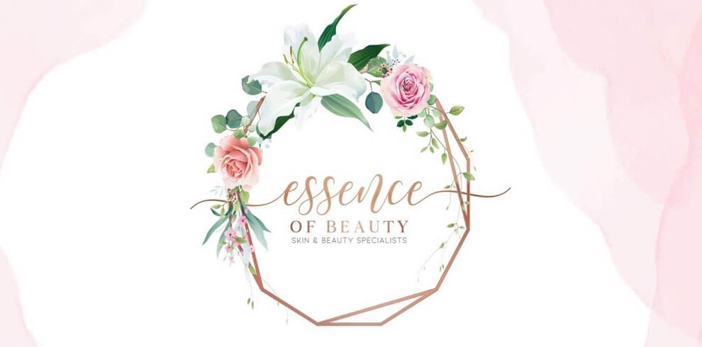 An image that says essence of beauty with a flower decoration wrapped around the text.