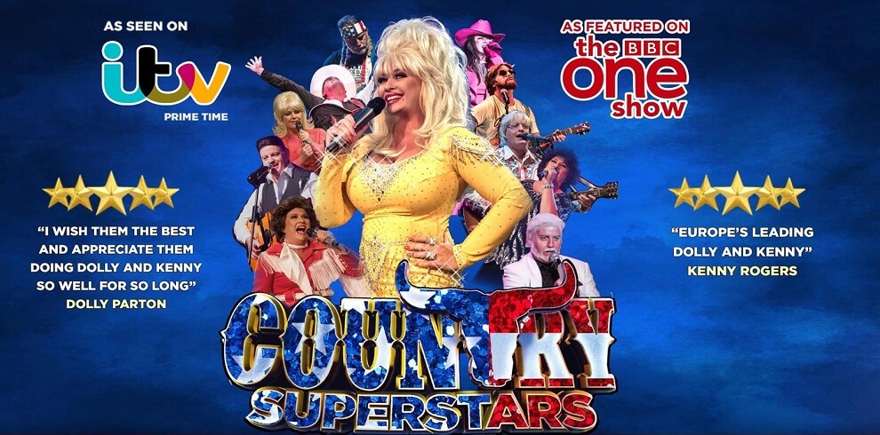 A picture of Sarah Jayne portraying Dolly Parton and the cast of the show behind her. the title says Country Superstars.