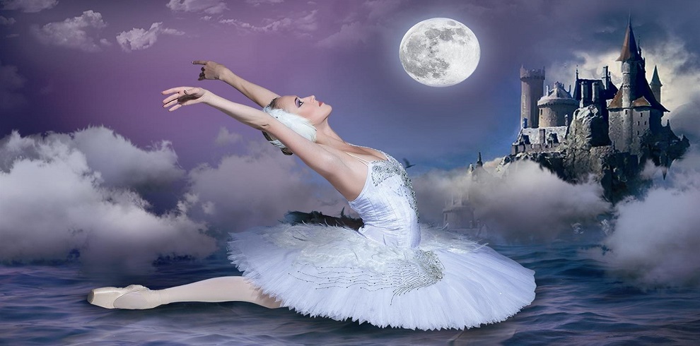 An image of a ballet dancer dancing under the moonlight with a castle in the background.