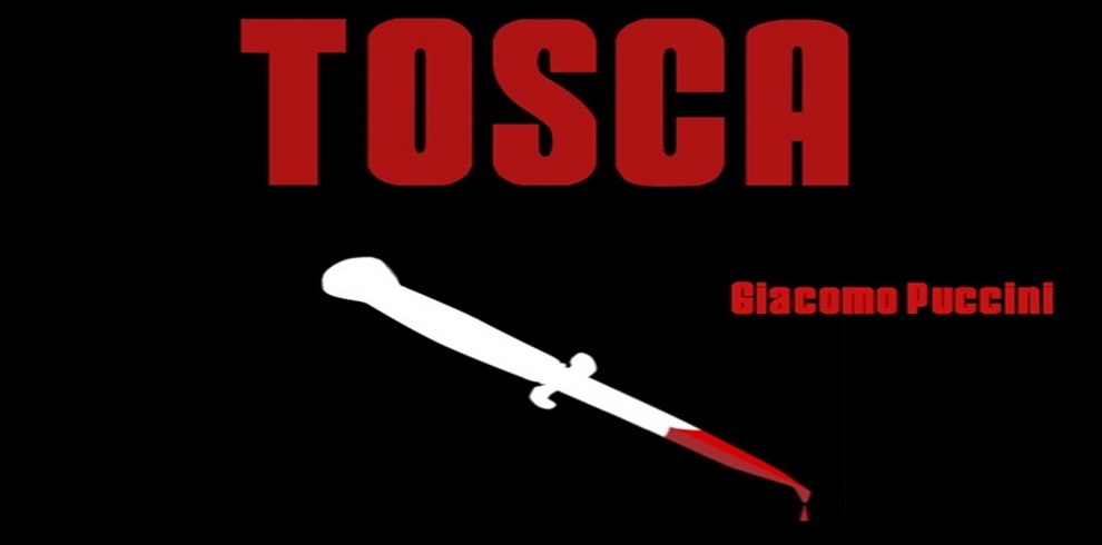 Black background with the title Tosca in red writing and a bloddied dagger below the text.
