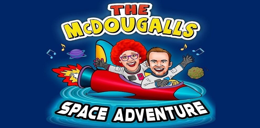 A cartoon of the cast of The McDougalls in a space ship with the title The McDougalls Space Adventure.