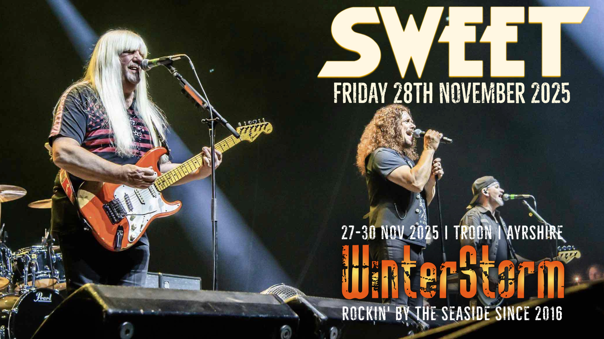 An image of a rock band playng to an audience with the text 'Sweet and Winterstorm.'