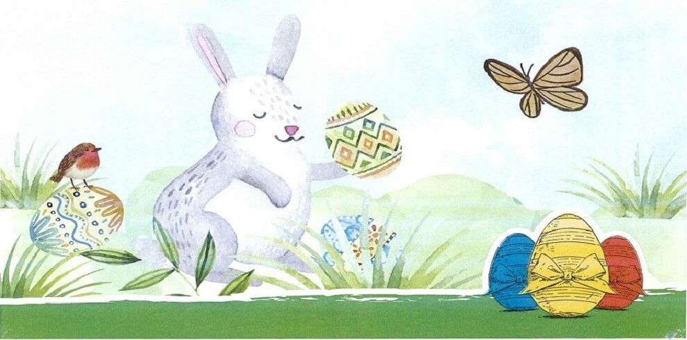 An easter themed image of a rabbit holding a colourfully decorated egg. An orange butteryfly, a robin sitting on a colourful egg and three eggs coloured blue, yellow, red.