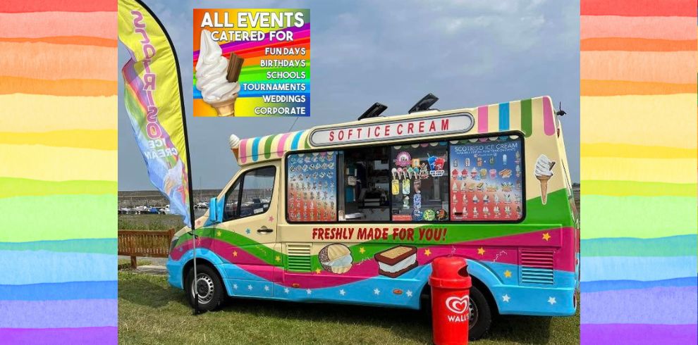 Image of an ice cream van parked on the grass.