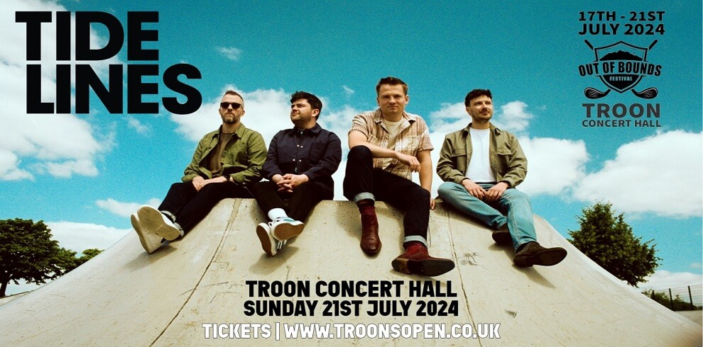 A picture of the band Tide Lines sitting on concrete at what looks like a skate park, with the text Troon Concert Hall, Sunday 21st July 2024.