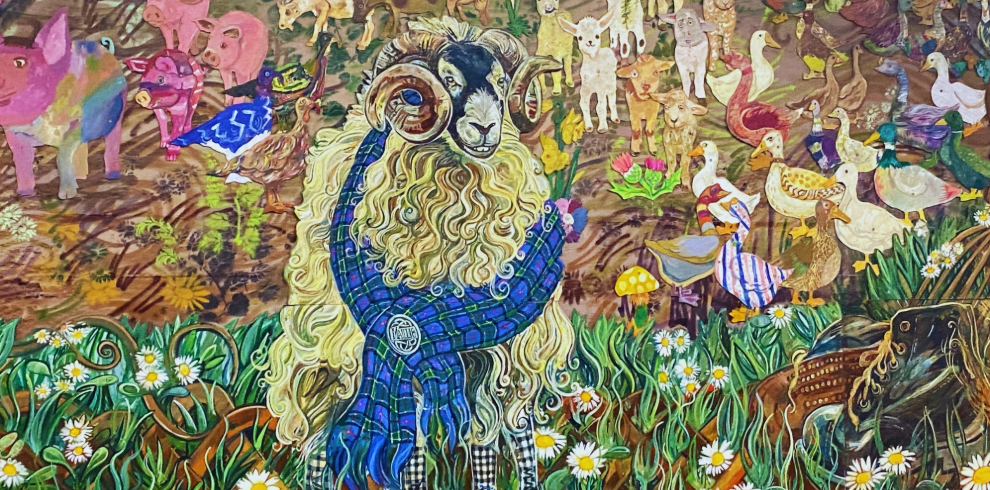 Beautiful painted mural in a tunnel, with lots of images of nature.