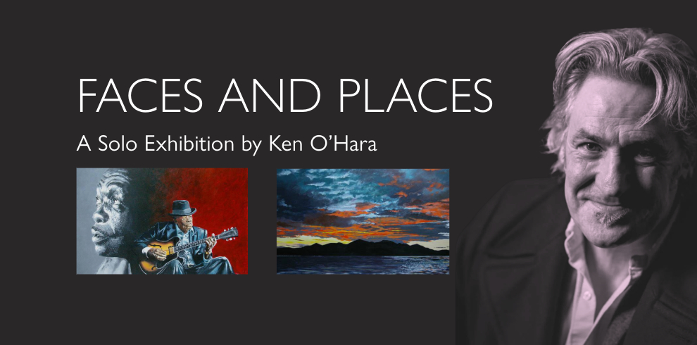 Faces and Places title with a picture of actor, musician/singer and artist Ken. The image shows two small pieces of artwork. One man is playing a guitar in the street and the other is a landscape picture.