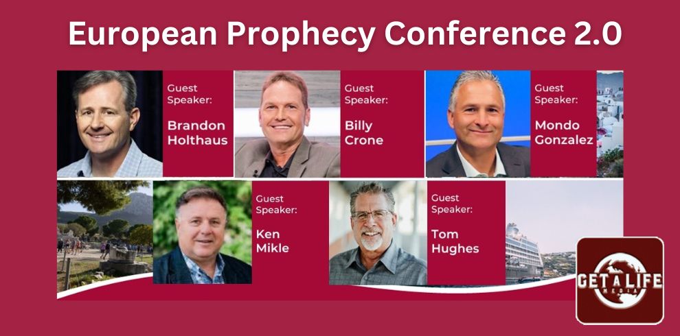 Image of people with the text that reads "Get a Life Media, European Prophecy Conference 2.0".