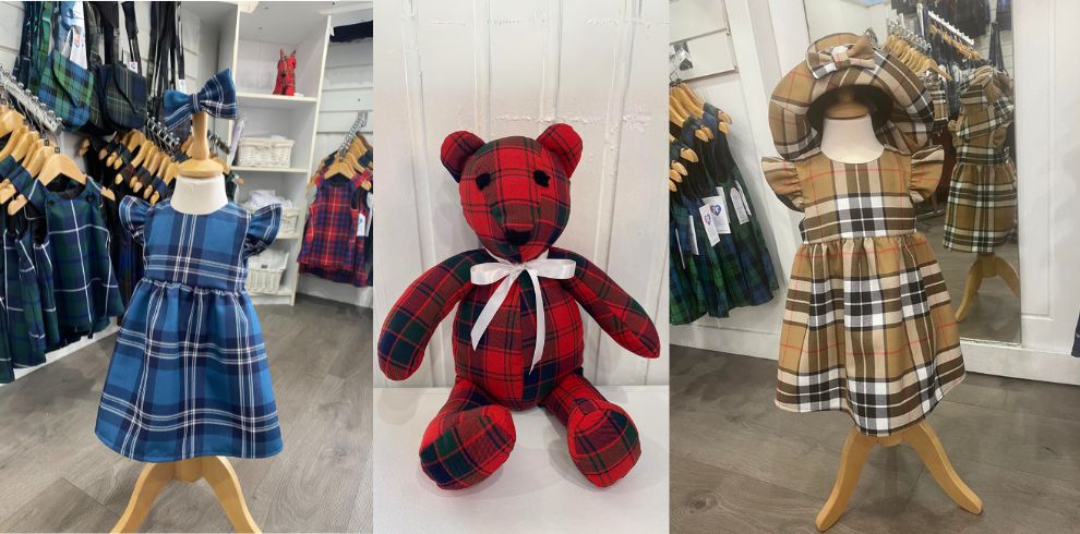 Precious Kidswear collage with images of a tartan teddy, and two tartan dresses.
