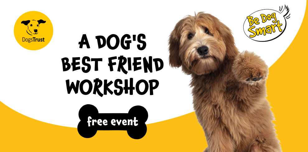An image of a dog and text that reads "Dogs Trust, A Dog's Best Friend Workshop, Free Event, Be Dog Smart".