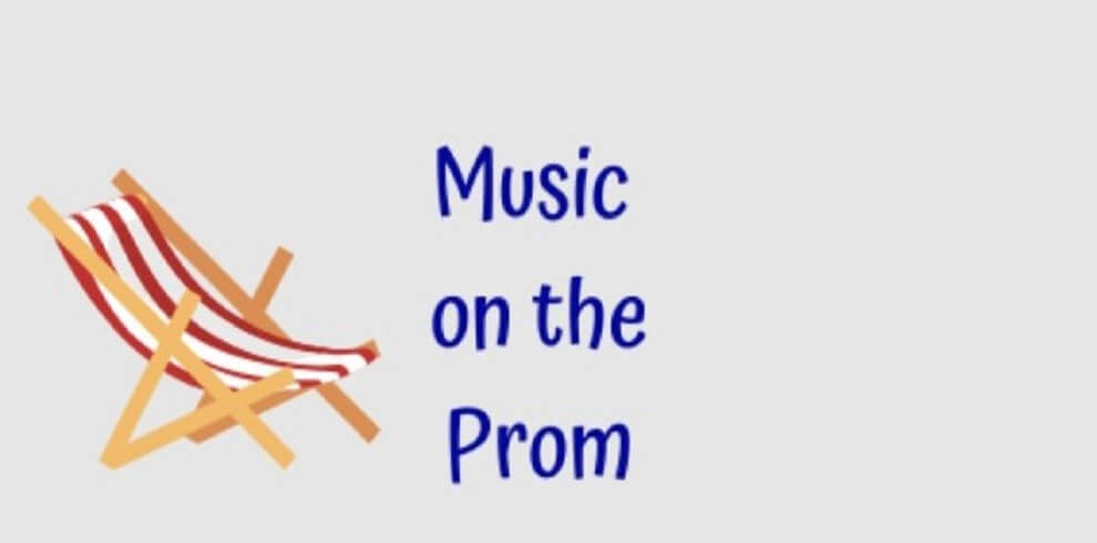 White background with the text Music on the Prom with a deck chair.