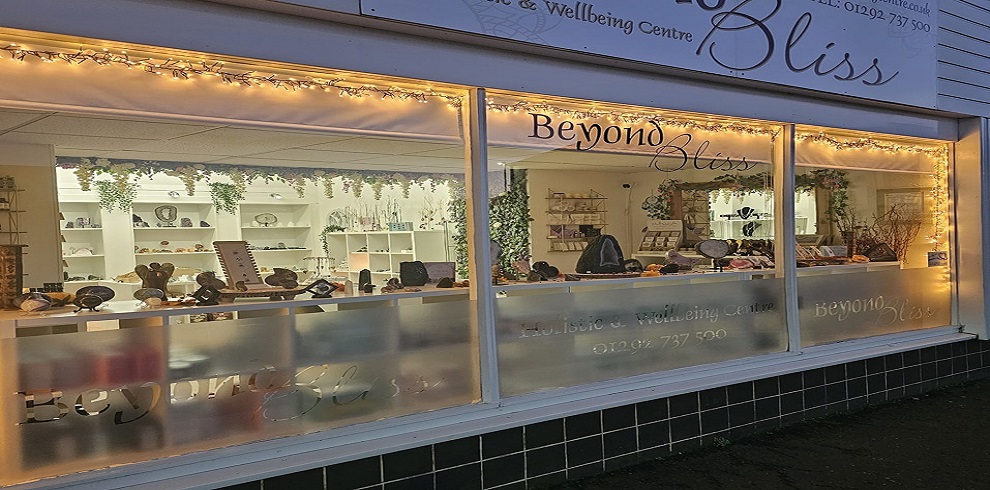 Beyond Bliss shop front showing a range of crystals for sale.