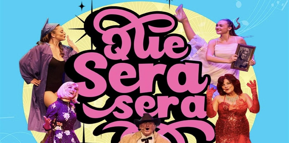 Title says Que Sera Sera - The Greatest Hits of Doris Day, with cast members sourrounding the title.