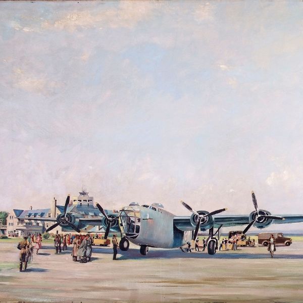 Painting of an airport setting, with small aircraft.