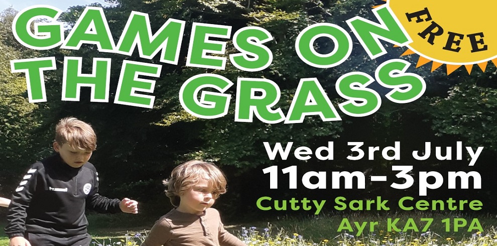 Text says Games on the Grass at The Cutty Sark Centre with children running about on grass enjoying themselves.