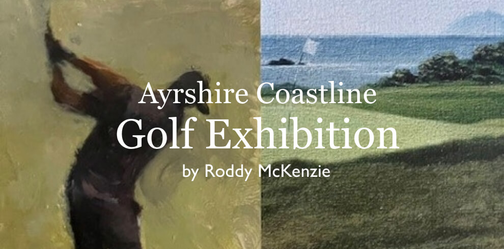 A picture of a man person golf with the backdrop of the Ayrshire Coast. The text says Ayrshire Coastline Golf Exhibition.