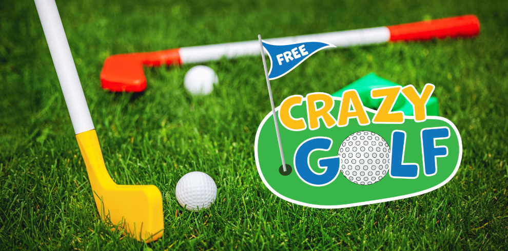 An image of children's golf clubs and golf balls laid on grass with text that says "FREE Crazy Golf".