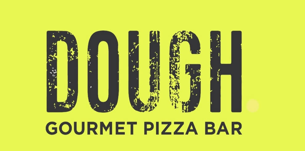 An bright orange background with the text Dough Gourmet Pizza Bar.