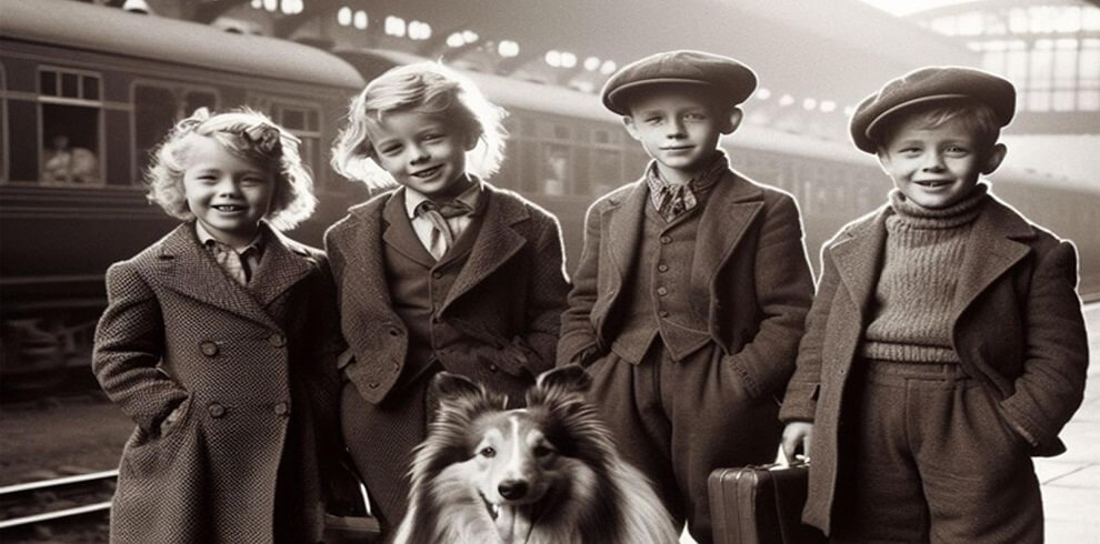 A black and white vintage photograph depicts four children and a dog at a train station. The children are dressed in early 20th-century clothing, with two boys in caps and jackets and two girls in dresses and bonnets. The dog, a medium-sized breed, stands attentively beside them. The background features the platform, tracks, and an old-fashioned train partially visible, capturing a nostalgic moment in time.