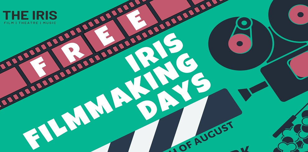 Free, Iris Filmmaking Days, 9th July and 6th August, The Cutty Sark Centre" against a background with a filmmaking theme, featuring an old film reel and a clapperboard.