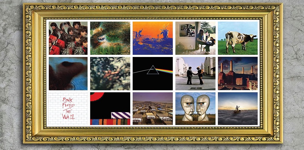 A collage of Pink Floyd album covers arranged in a grid. The covers feature diverse artwork, including the iconic prism from "The Dark Side of the Moon" with its refracted light, the flaming man from "Wish You Were Here," the striking colors of "The Wall," and the cow from "Atom Heart Mother." Each cover represents the unique and psychedelic style that Pink Floyd is known for.