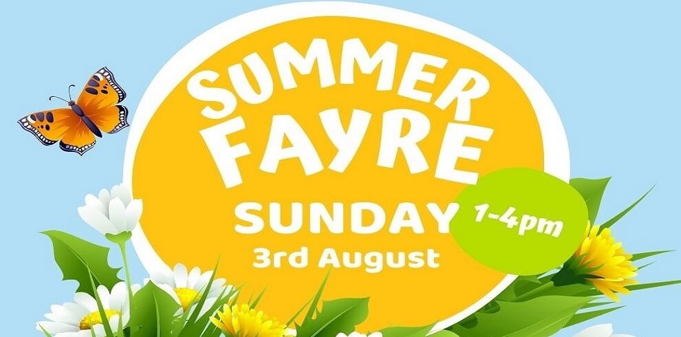 The text is displayed in a cheerful, inviting font. The border surrounding the text consists of colorful, summer-themed decorations such as flowers, sun icons, and perhaps small images of typical summer fair items like ice cream cones, balloons, or bunting. The overall design is bright and festive, conveying a sense of fun and celebration for the upcoming event.