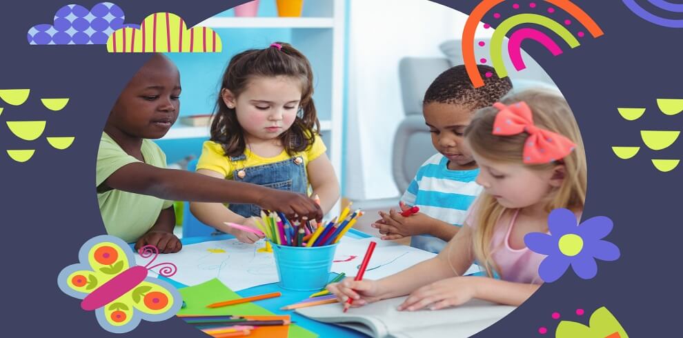 A picture of children standing round a table getting creative with an arts and crafts session.