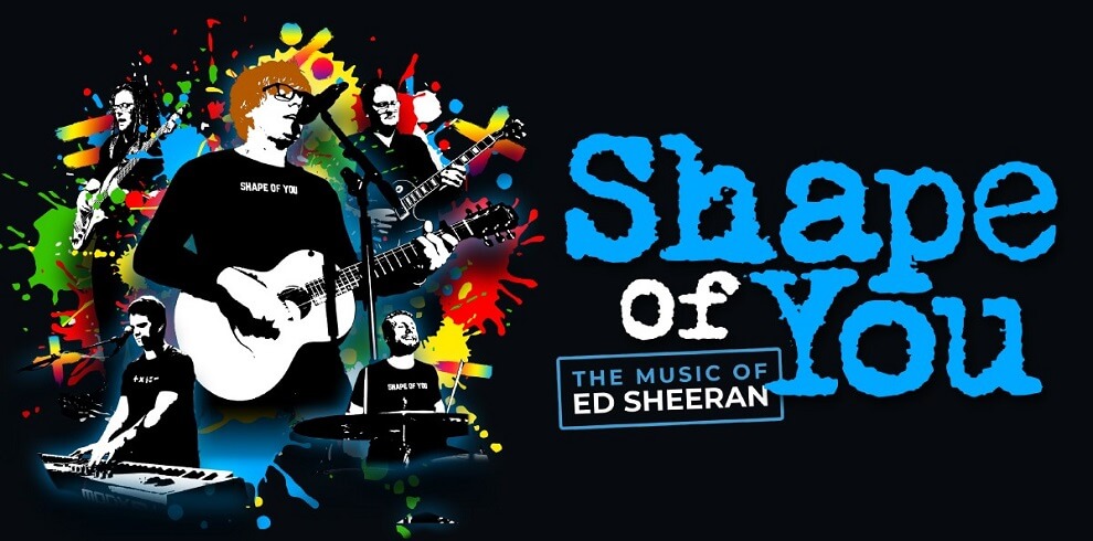 A person imitating Ed Sheeran stands in front of a colorful artwork, singing and playing guitar. The background is black, and the text reads "Shape of You: The Music of Ed Sheeran.