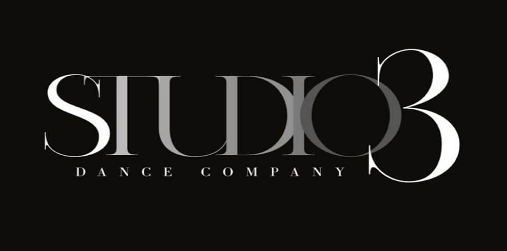 A black background with the text "Studio3 Dance Company" in white. The number three is significantly larger than the rest of the text, drawing attention to it. The design is simple and elegant, with a clear contrast between the black background and white lettering.